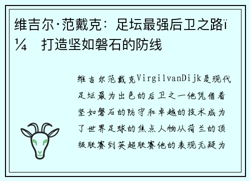 维吉尔·范戴克：足坛最强后卫之路，打造坚如磐石的防线